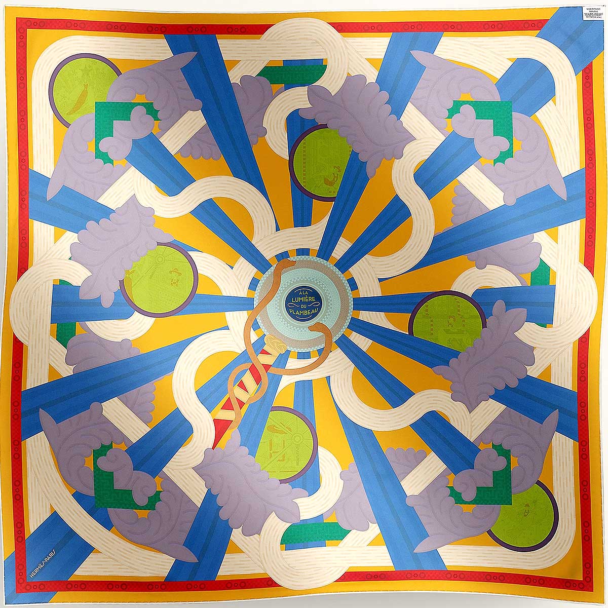 HERMES scarf Carre 90 Double Face A la Lumiere du FlambeauCreme/Mordore/Bleu Silk100%[EXCELLENT][Authentic]