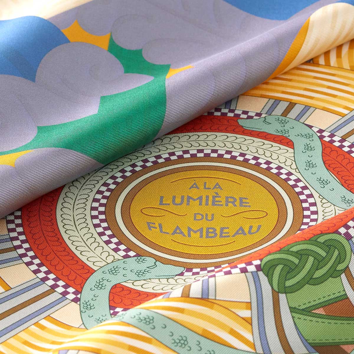 HERMES scarf Carre 90 Double Face A la Lumiere du FlambeauCreme/Mordore/Bleu Silk100%[EXCELLENT][Authentic]