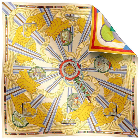 HERMES scarf Carre 90 Double Face A la Lumiere du FlambeauCreme/Mordore/Bleu Silk100%[EXCELLENT][Authentic]
