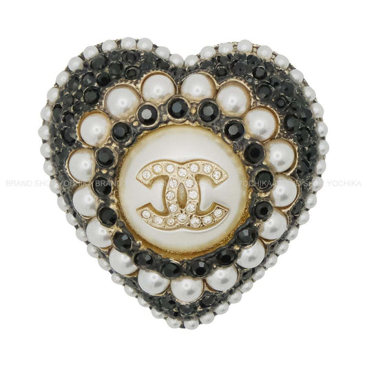 CHANEL broach Heart COCO mark Pearl Rhinestone Noir (Black)/Blanc (White) Champagne Gold HW AB9393[EXCELLENT][Authentic]