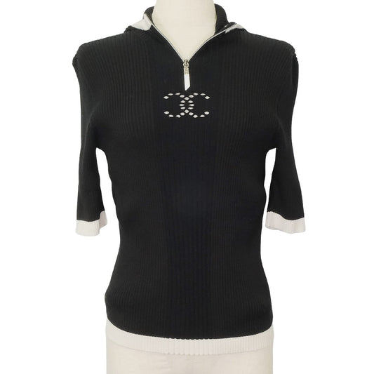 2024 Cruise Collection CHANEL Knit Short Sleeve Zip Up Ribbed COCO Mark Hooded Noir (Black)/Blanc (White) Cotton/Reyon/Polyester #40 Silver HW P78649[EXCELLENT][Authentic]