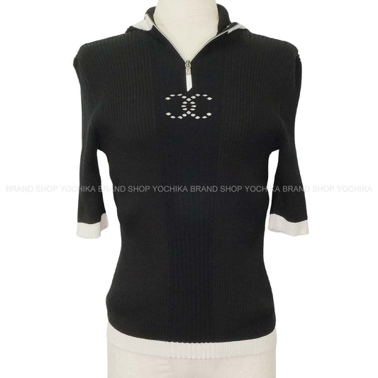 2024 Cruise Collection CHANEL Knit Short Sleeve Zip Up Ribbed COCO Mark Hooded Noir (Black)/Blanc (White) Cotton/Reyon/Polyester #40 Silver HW P78649[EXCELLENT][Authentic]