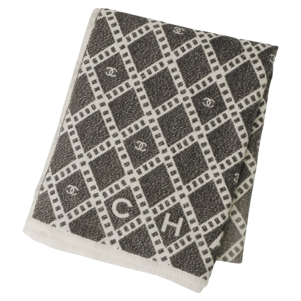 2024AW Limited CHANEL muffler Large Reversible Gradation Argyle Coco Mark lame Noir (Black)/Blanc (White)/Grey Cashmere/Silk/Polyester AAA497[BRAND NEW][Authentic]