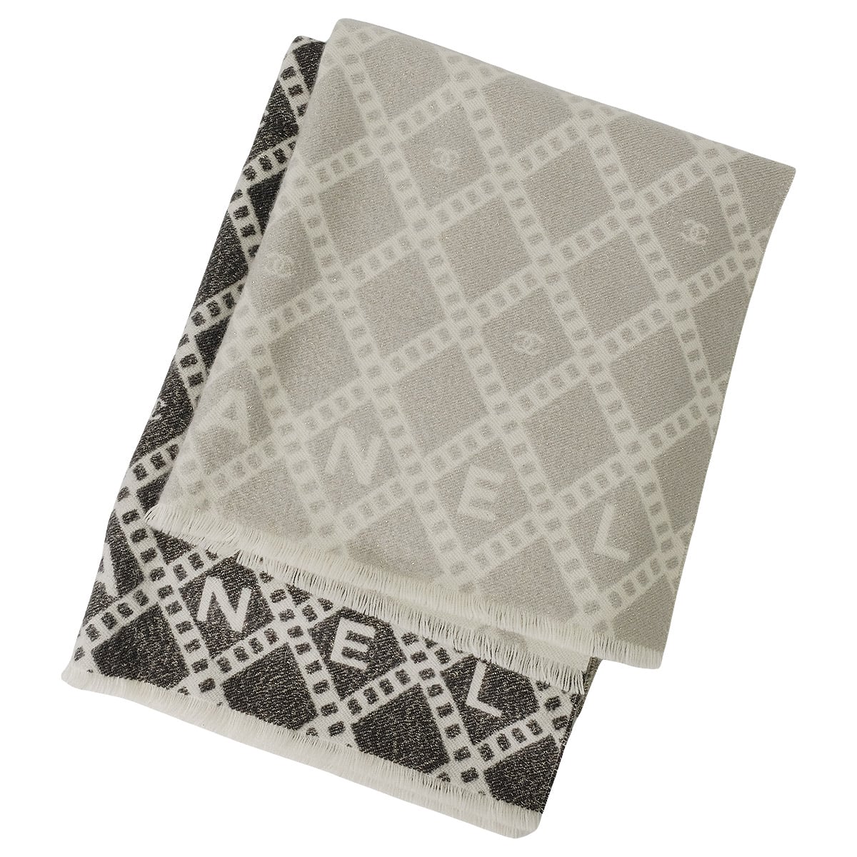 2024AW Limited CHANEL muffler Large Reversible Gradation Argyle Coco Mark lame Noir (Black)/Blanc (White)/Grey Cashmere/Silk/Polyester AAA497[BRAND NEW][Authentic]