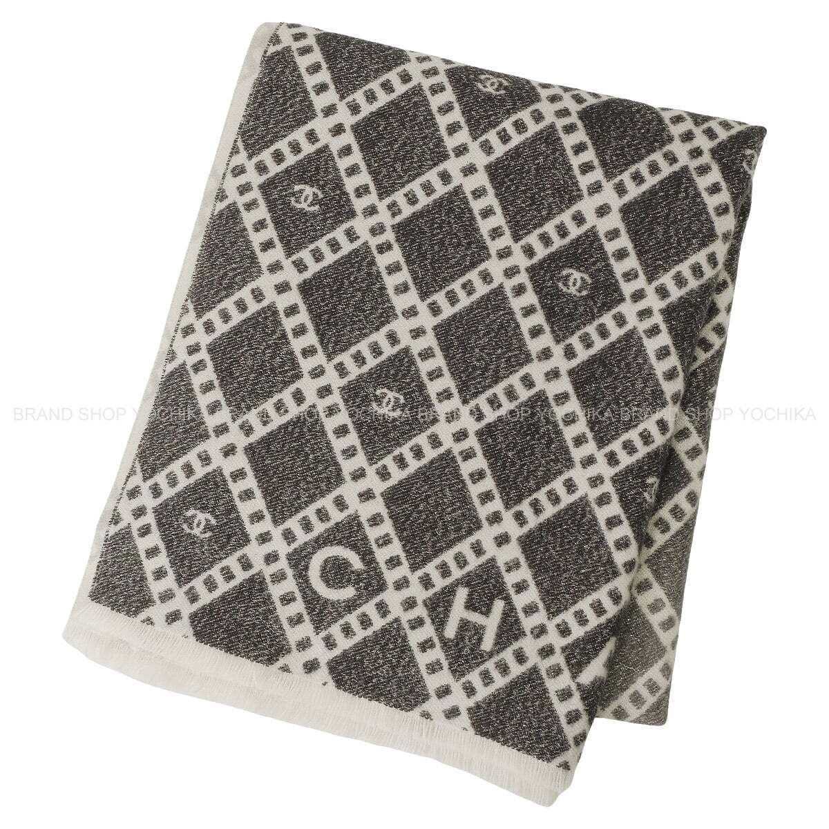 2024AW Limited CHANEL muffler Large Reversible Gradation Argyle Coco Mark lame Noir (Black)/Blanc (White)/Grey Cashmere/Silk/Polyester AAA497[BRAND NEW][Authentic]