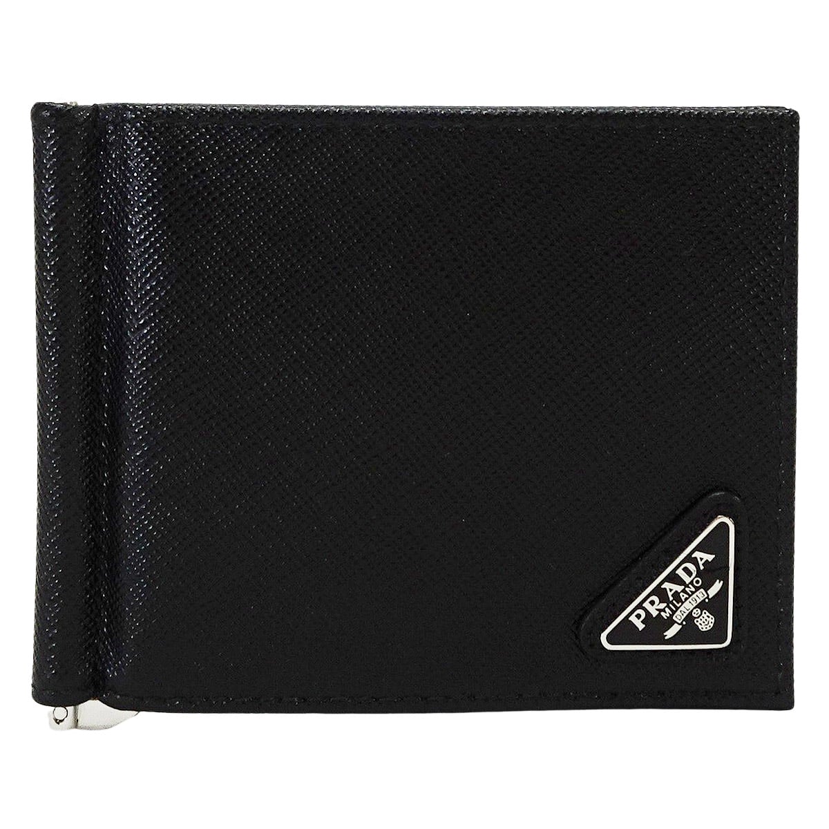 PRADA Bi-fold wallet with money clip Triangle Noir (Black) Saffiano leather Silver HW 2MN077[EXCELLENT][Authentic]