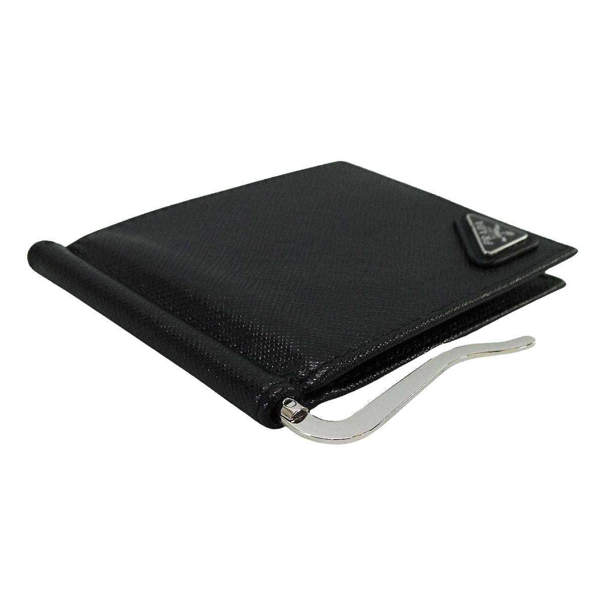 PRADA Bi-fold wallet with money clip Triangle Noir (Black) Saffiano leather Silver HW 2MN077[EXCELLENT][Authentic]