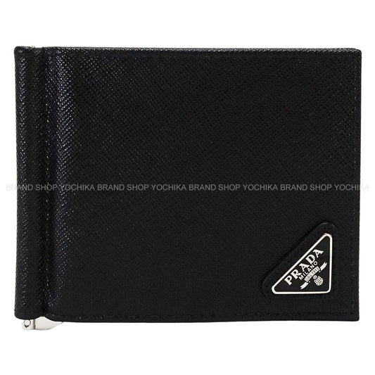 PRADA Bi-fold wallet with money clip Triangle Noir (Black) Saffiano leather Silver HW 2MN077[EXCELLENT][Authentic]