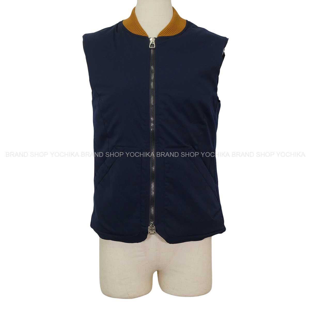 HERMES Vests Gilet TrottingNavy/Fauve Nylon/Polyurethane #XS Gold HW H800682E[EXCELLENT][Authentic]