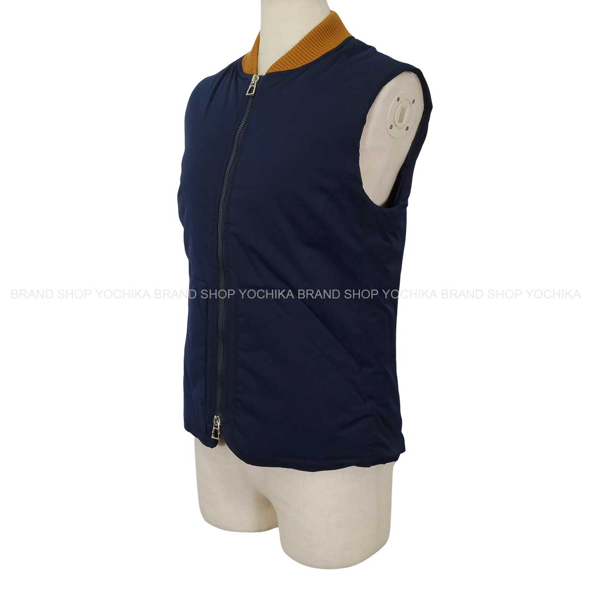 HERMES Vests Gilet TrottingNavy/Fauve Nylon/Polyurethane #XS Gold HW H800682E[EXCELLENT][Authentic]