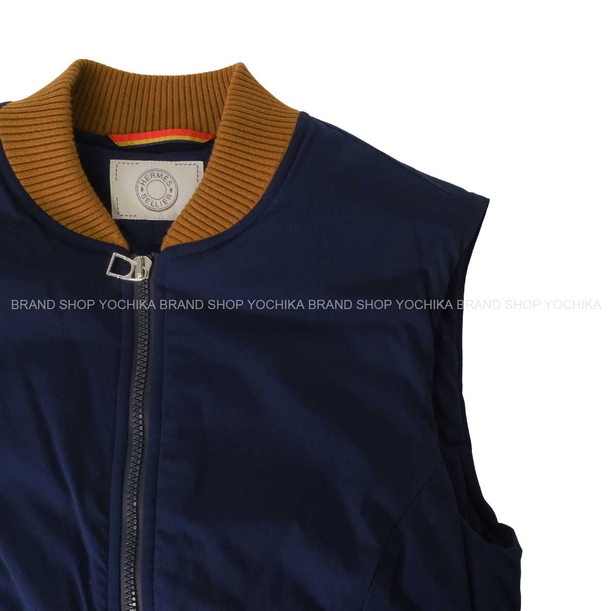 HERMES Vests Gilet TrottingNavy/Fauve Nylon/Polyurethane #XS Gold HW H800682E[EXCELLENT][Authentic]