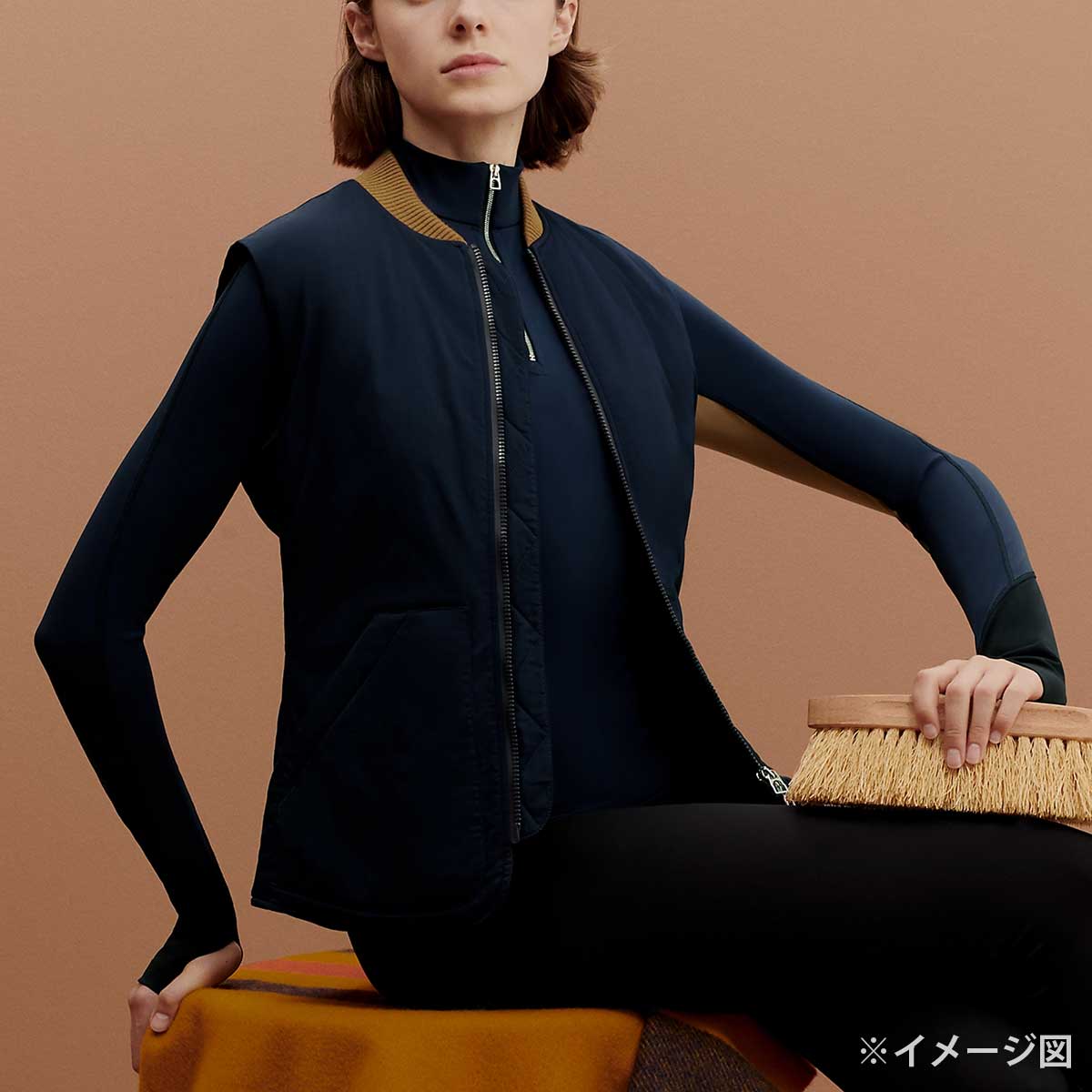 HERMES Vests Gilet TrottingNavy/Fauve Nylon/Polyurethane #XS Gold HW H800682E[EXCELLENT][Authentic]