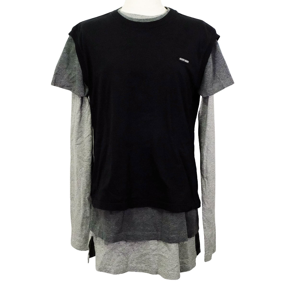 Miu Miu Layered Jersey T-Shirts 3set Noir (Black)/Grey Cotton #S MJE15[EXCELLENT][Authentic]