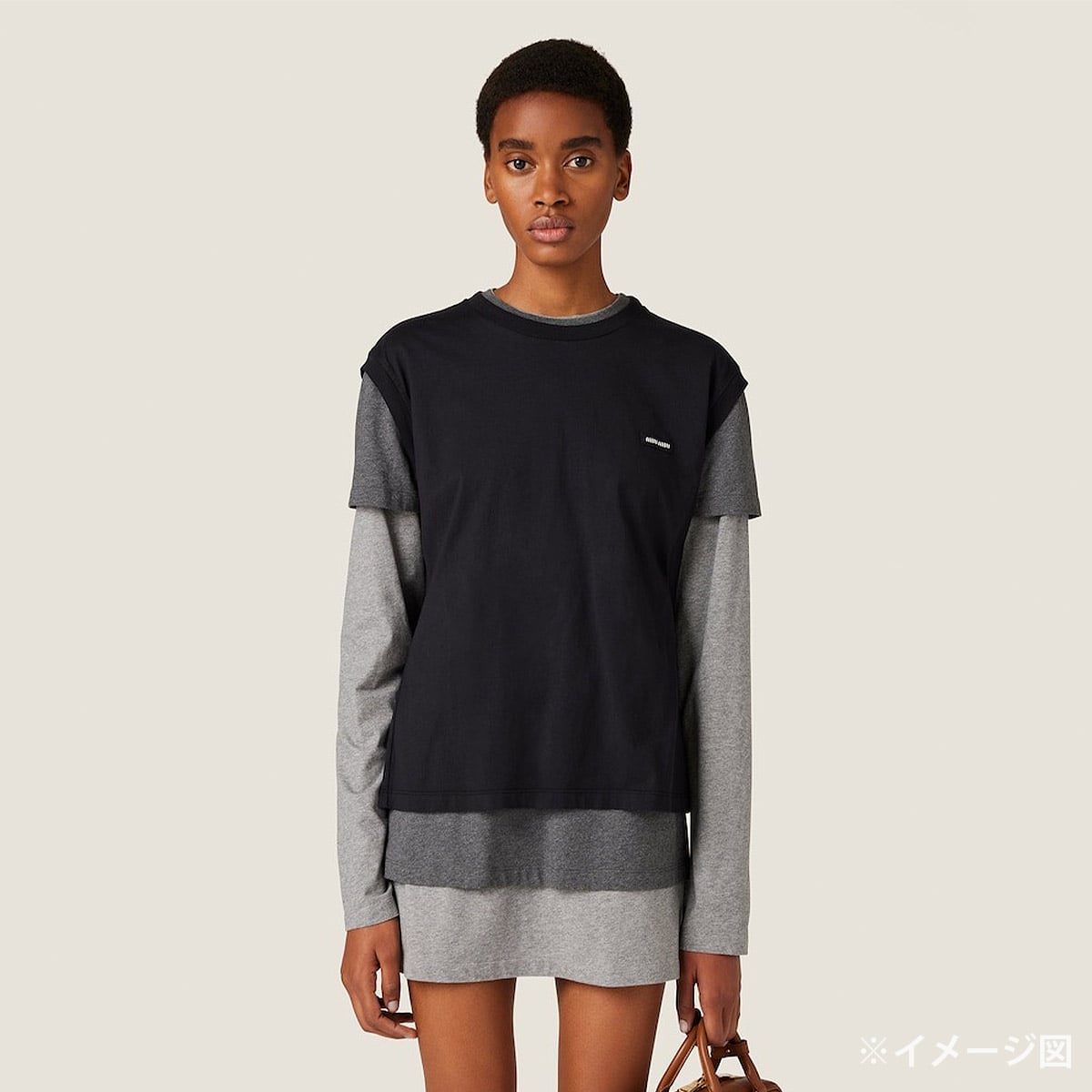 Miu Miu Layered Jersey T-Shirts 3set Noir (Black)/Grey Cotton #S MJE15[EXCELLENT][Authentic]
