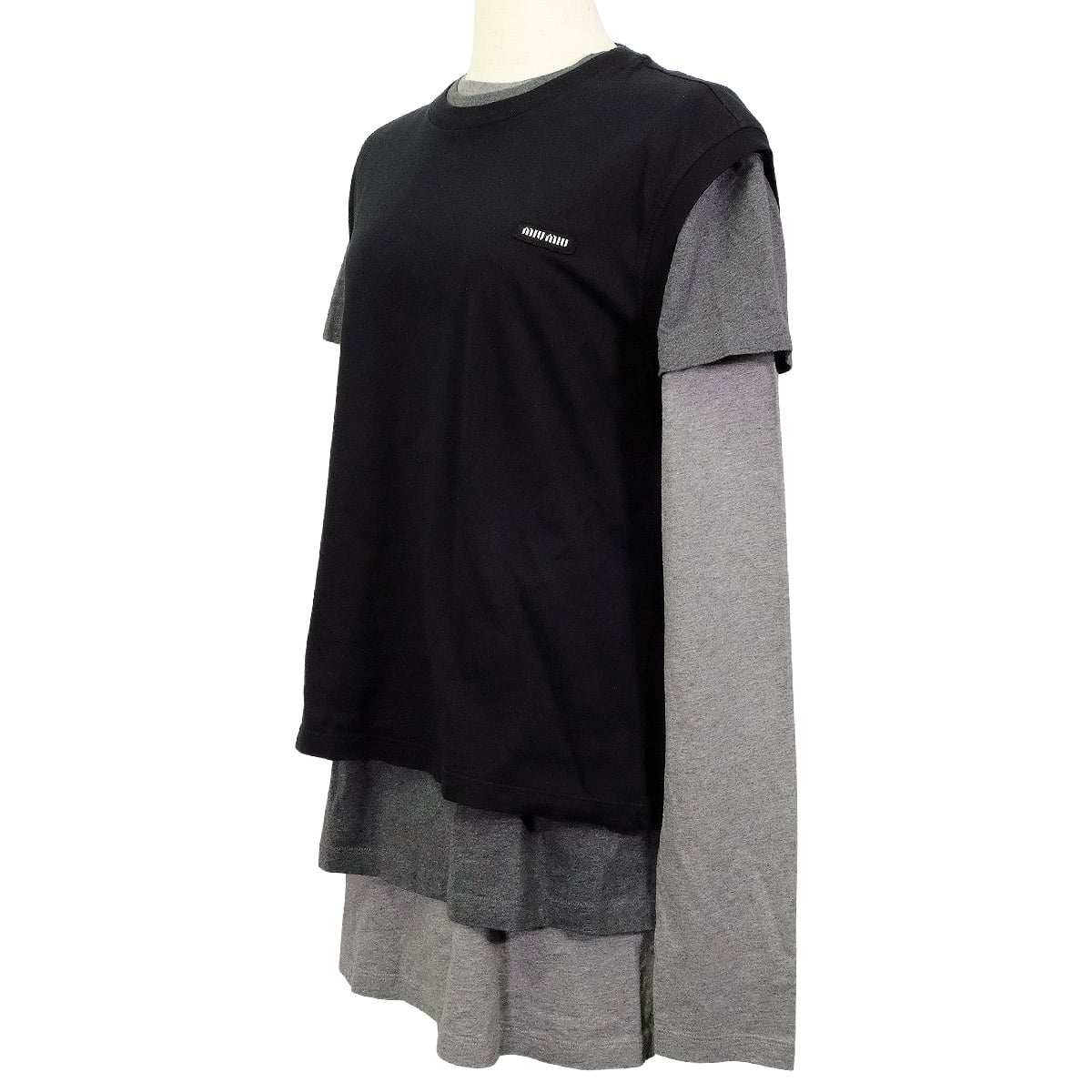 Miu Miu Layered Jersey T-Shirts 3set Noir (Black)/Grey Cotton #S MJE15[EXCELLENT][Authentic]