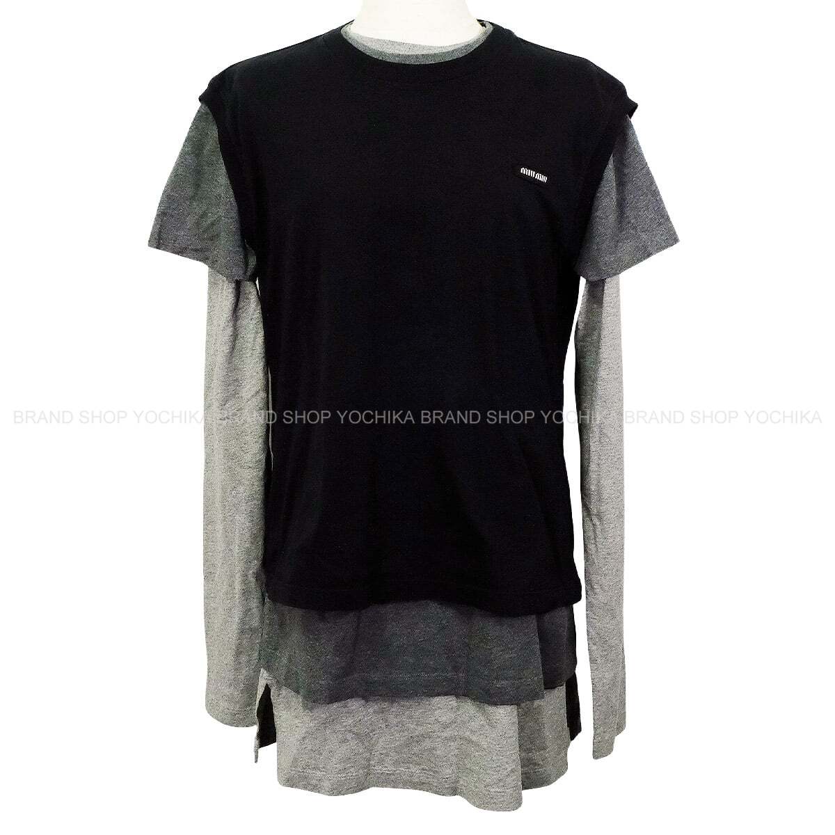 Miu Miu Layered Jersey T-Shirts 3set Noir (Black)/Grey Cotton #S MJE15[EXCELLENT][Authentic]