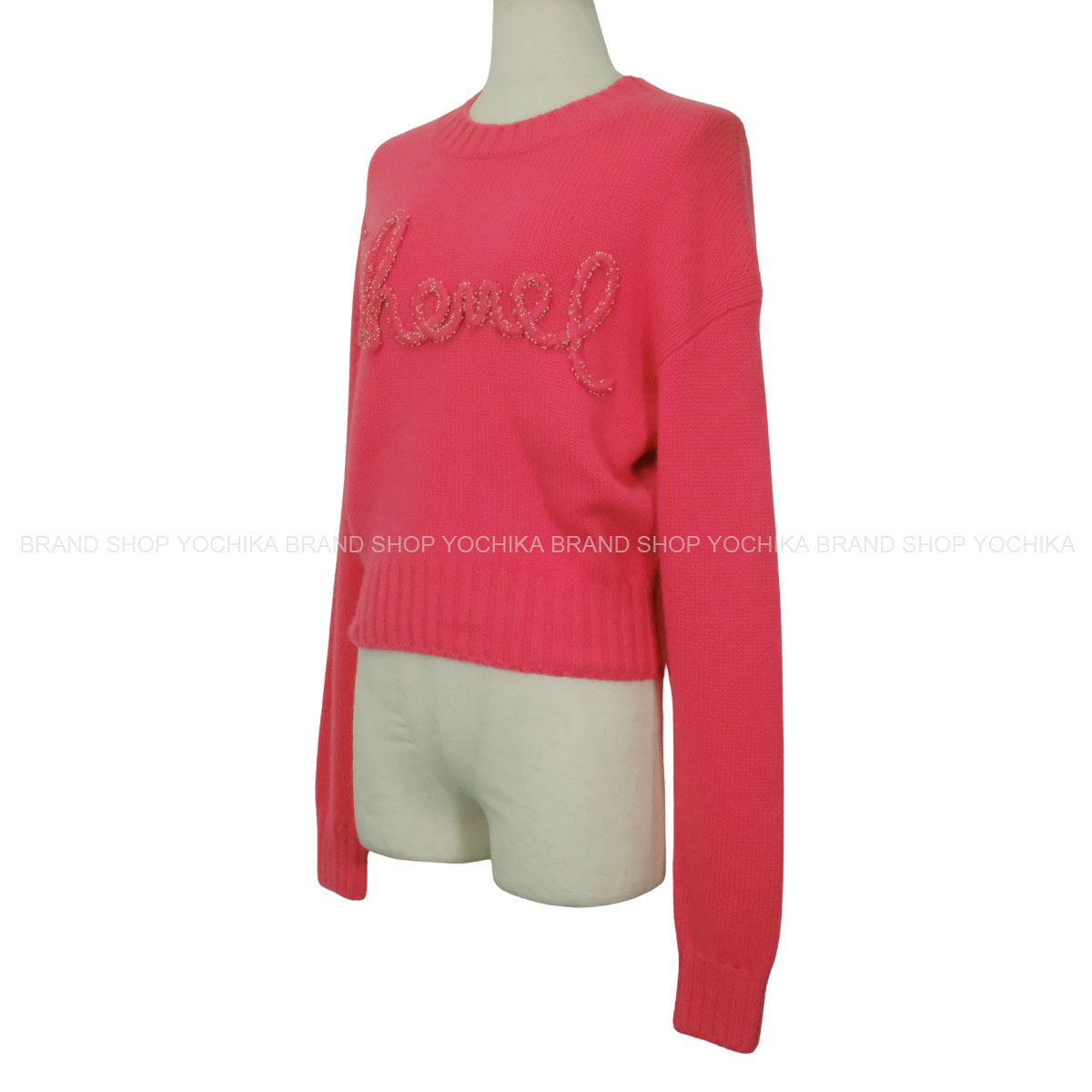 [Pre-loved] 2020SS CHANEL Sweater Logo pearl beads Pink Cashmere #38 P65189[LIKE NEW][Authentic]