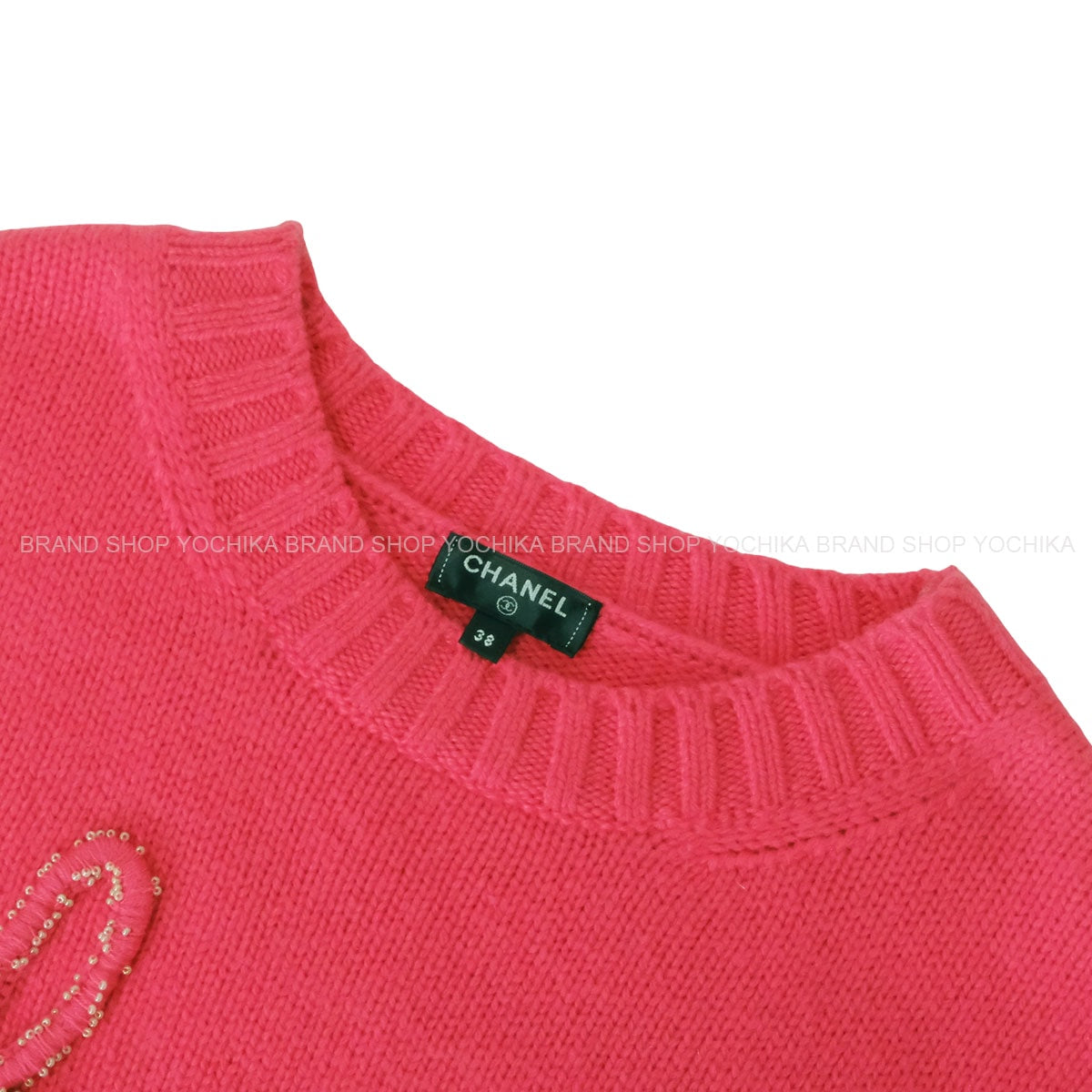 [Pre-loved] 2020SS CHANEL Sweater Logo pearl beads Pink Cashmere #38 P65189[LIKE NEW][Authentic]