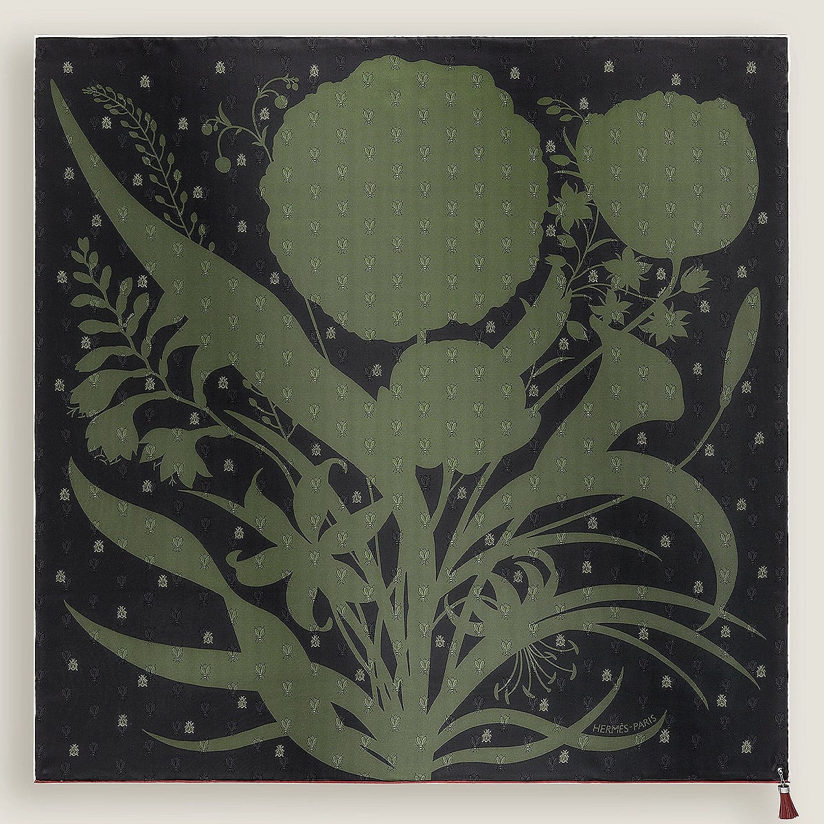 HERMES scarf Carre 90 Bouquet Final Abeille with Tassel Noir (Black)/Vert Loden/Rouge H Silk/Leather[EXCELLENT][Authentic]