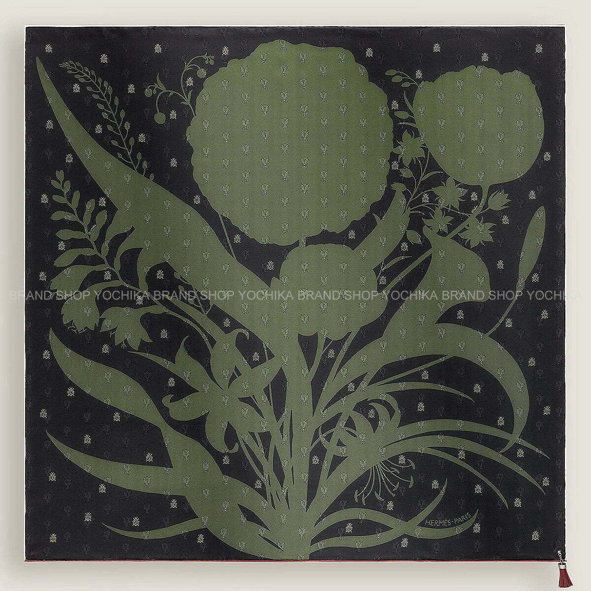 HERMES scarf Carre 90 Bouquet Final Abeille with Tassel Noir (Black)/Vert Loden/Rouge H Silk/Leather[EXCELLENT][Authentic]