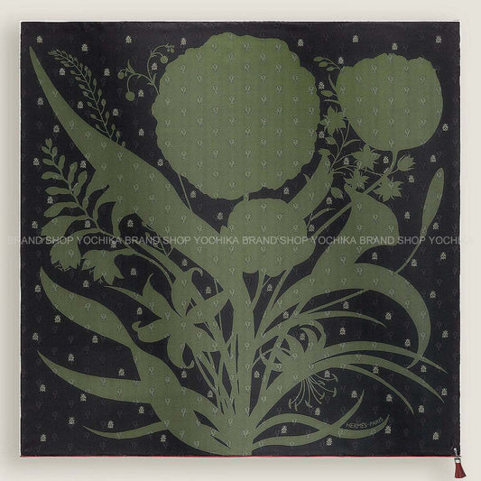 HERMES scarf Carre 90 Bouquet Final Abeille with Tassel Noir (Black)/Vert Loden/Rouge H Silk/Leather[EXCELLENT][Authentic]