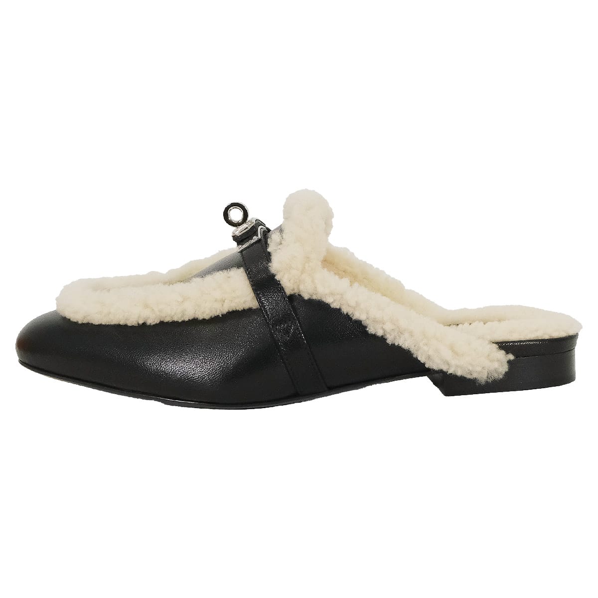 HERMES sandals Mule Sandals Oz Kelly Buckle Noir (Black)/Ecru Chevre Mysore/Sheepskin #38 Silver HW[EXCELLENT][Authentic]