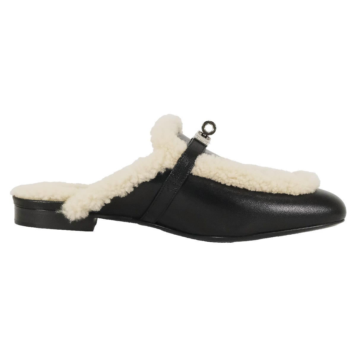 HERMES sandals Mule Sandals Oz Kelly Buckle Noir (Black)/Ecru Chevre Mysore/Sheepskin #38 Silver HW[EXCELLENT][Authentic]