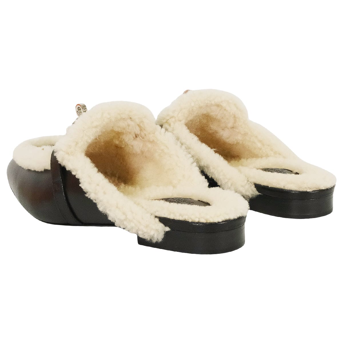 HERMES sandals Mule Sandals Oz Kelly Buckle Noir (Black)/Ecru Chevre Mysore/Sheepskin #38 Silver HW[EXCELLENT][Authentic]