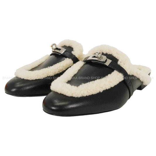 HERMES sandals Mule Sandals Oz Kelly Buckle Noir (Black)/Ecru Chevre Mysore/Sheepskin #38 Silver HW[EXCELLENT][Authentic]