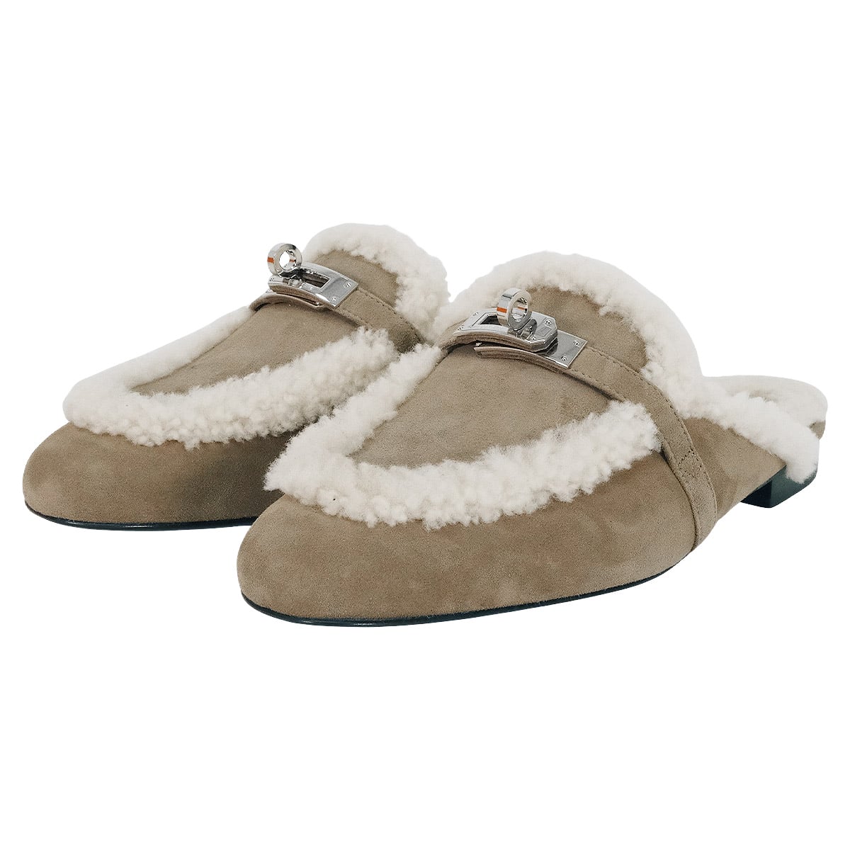HERMES sandals Mule Oz Kelly Buckle Etoupe/Ecru Chevre Velours/Sheepskin #38 Silver HW[EXCELLENT][Authentic]