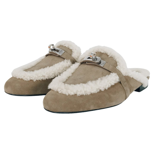 HERMES sandals Mule Oz Kelly Buckle Etoupe/Ecru Chevre Velours/Sheepskin #38 Silver HW[EXCELLENT][Authentic]
