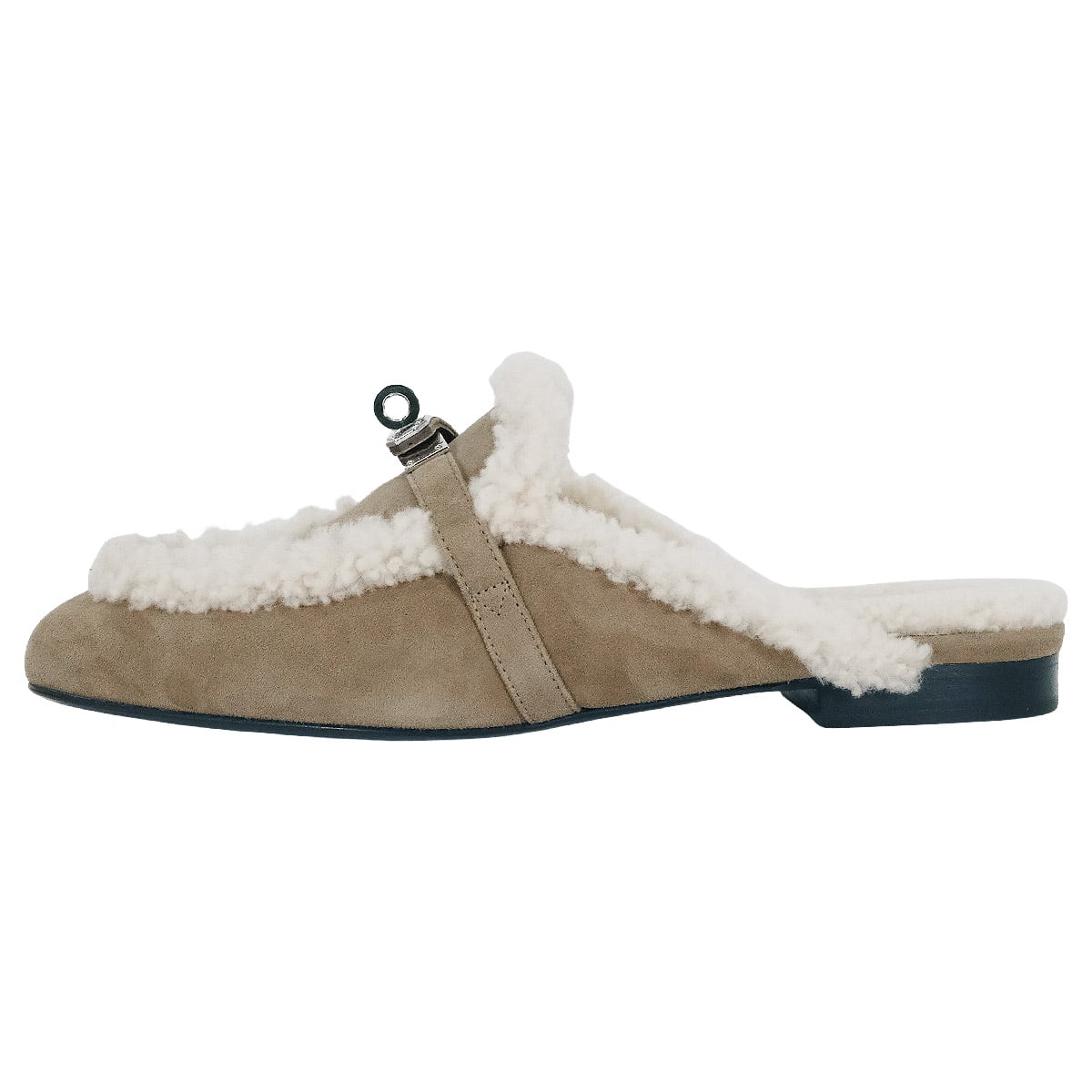 HERMES sandals Mule Oz Kelly Buckle Etoupe/Ecru Chevre Velours/Sheepskin #38 Silver HW[EXCELLENT][Authentic]