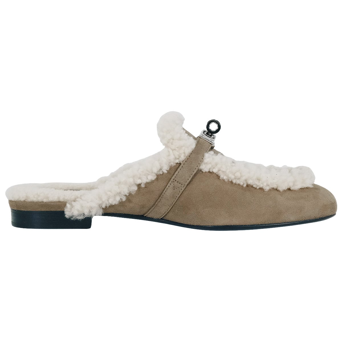 HERMES sandals Mule Oz Kelly Buckle Etoupe/Ecru Chevre Velours/Sheepskin #38 Silver HW[EXCELLENT][Authentic]