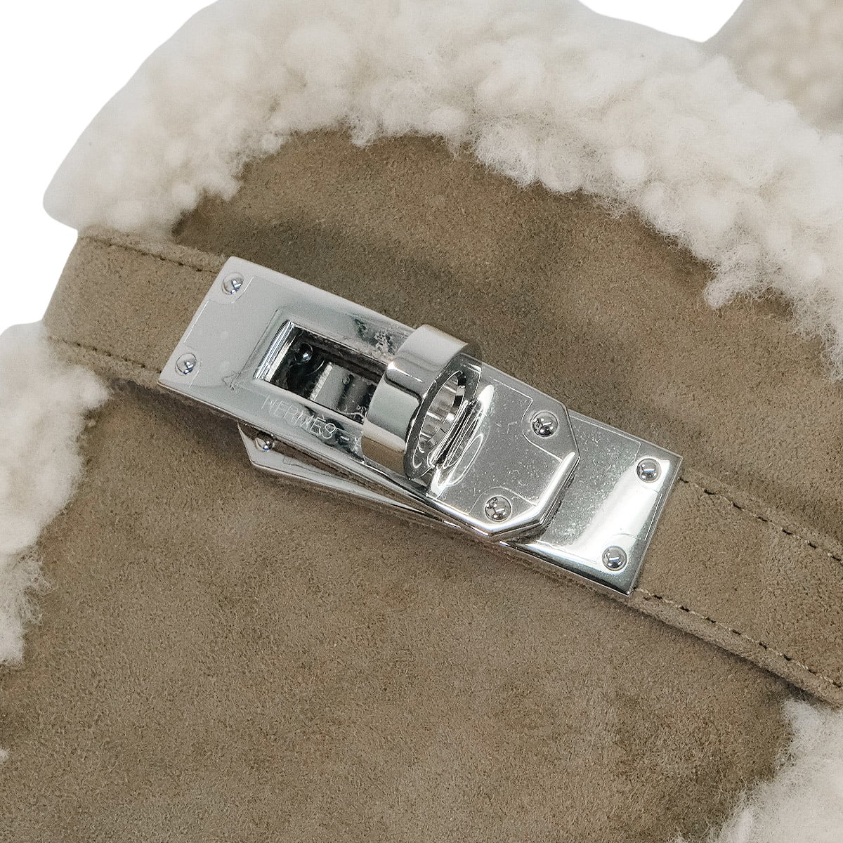 HERMES sandals Mule Oz Kelly Buckle Etoupe/Ecru Chevre Velours/Sheepskin #38 Silver HW[EXCELLENT][Authentic]