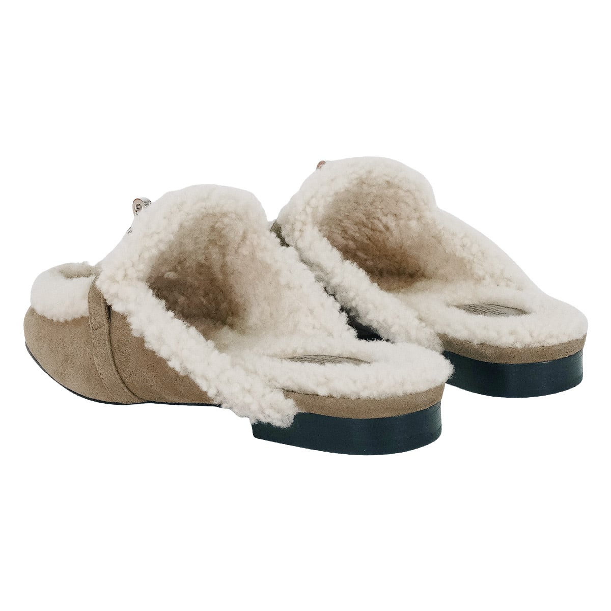 HERMES sandals Mule Oz Kelly Buckle Etoupe/Ecru Chevre Velours/Sheepskin #38 Silver HW[EXCELLENT][Authentic]