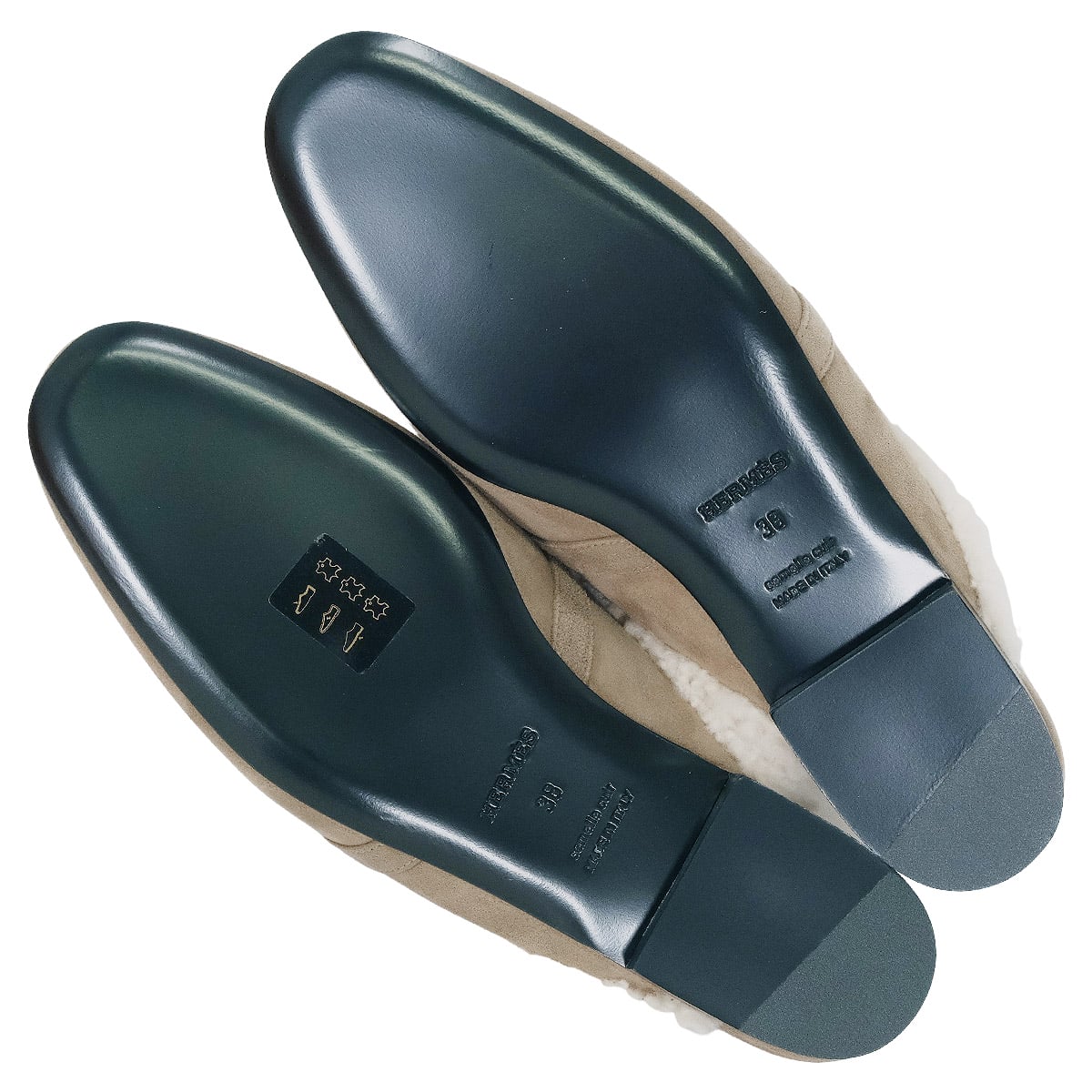 HERMES sandals Mule Oz Kelly Buckle Etoupe/Ecru Chevre Velours/Sheepskin #38 Silver HW[EXCELLENT][Authentic]
