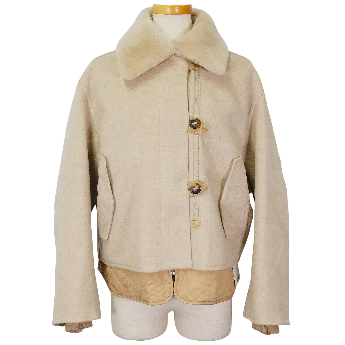 HERMES Double-face Crude Cell Short Coat Jacket with 3-Way LinerBeige Natural Cashmere100% #36 5H0287DB[BRAND NEW][Authentic]