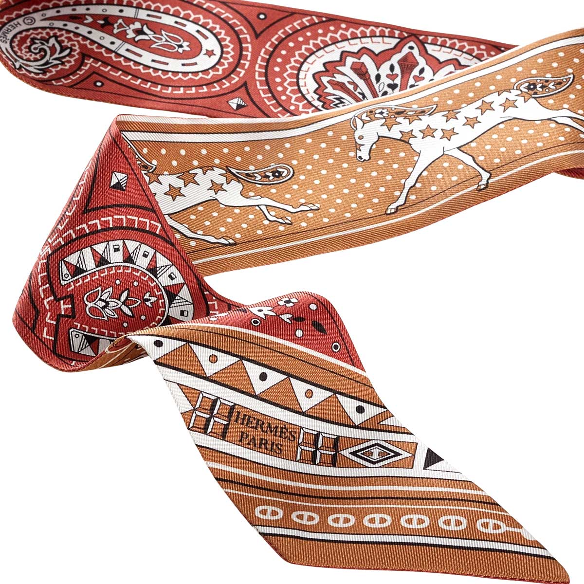 HERMES scarf Twilly Cheval de Coeur BandanaCaramel/Terre de Sienne/Blanc(White) Silk100%[BRAND NEW][Authentic]
