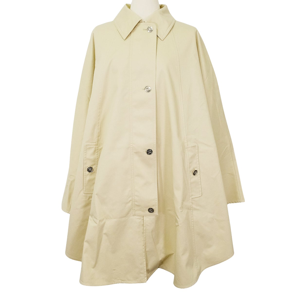 2026SS CHANEL Poncho Gabardine Cape with Coco Button and Chain Beige Cotton #34 Silver HW P82411[BRAND NEW][Authentic]