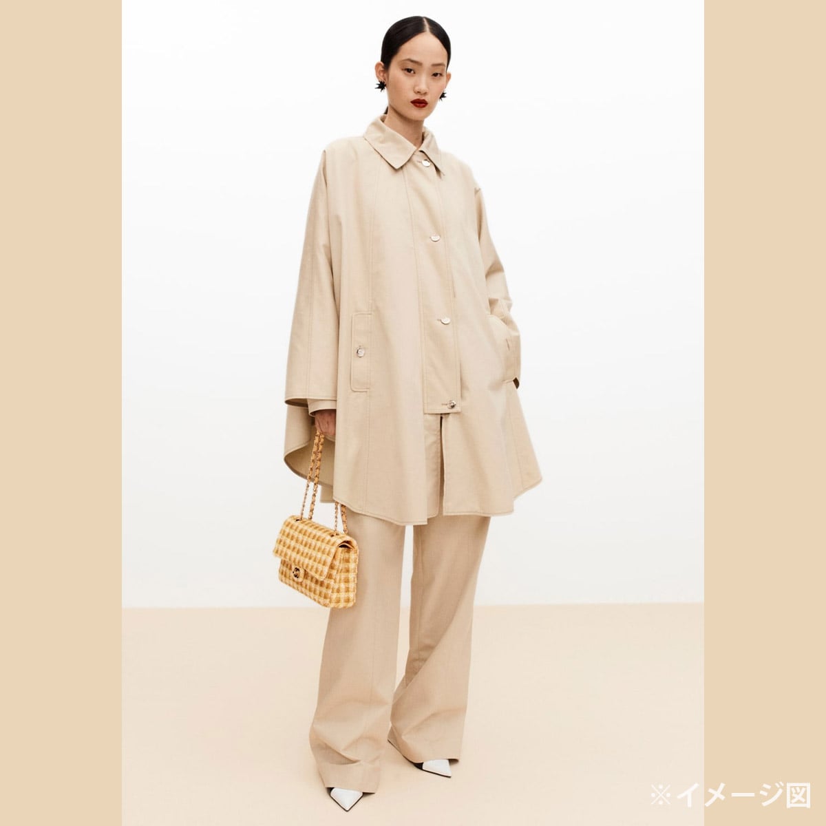 2026SS CHANEL Poncho Gabardine Cape with Coco Button and Chain Beige Cotton #34 Silver HW P82411[BRAND NEW][Authentic]