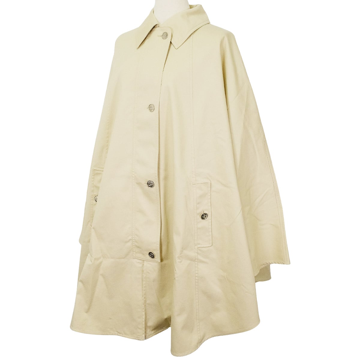 2026SS CHANEL Poncho Gabardine Cape with Coco Button and Chain Beige Cotton #34 Silver HW P82411[BRAND NEW][Authentic]