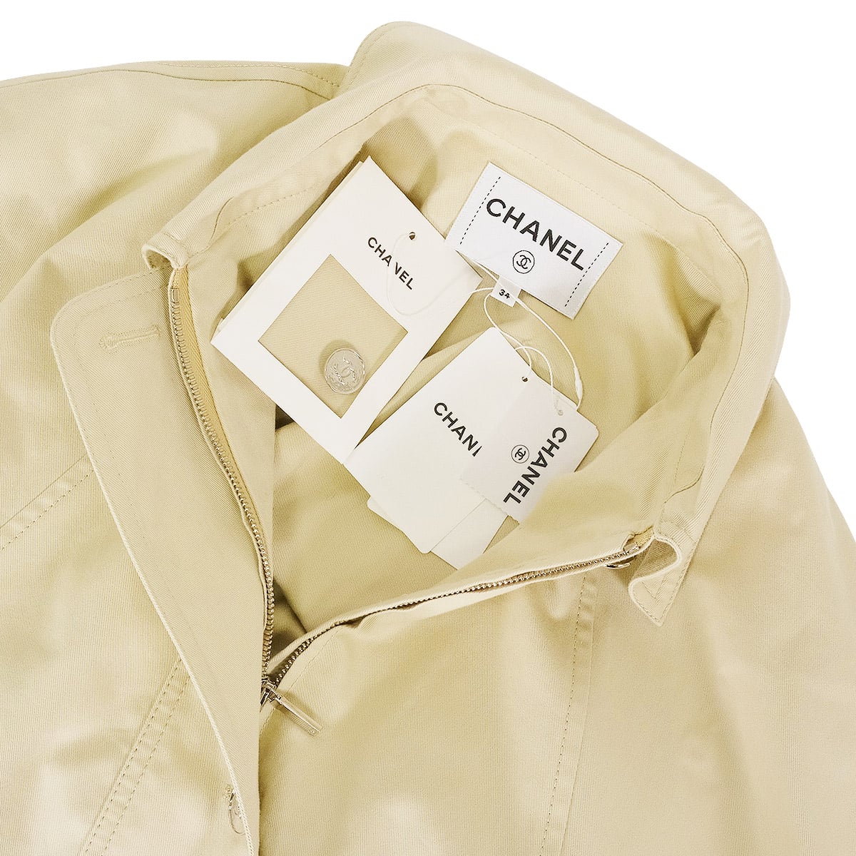 2026SS CHANEL Poncho Gabardine Cape with Coco Button and Chain Beige Cotton #34 Silver HW P82411[BRAND NEW][Authentic]