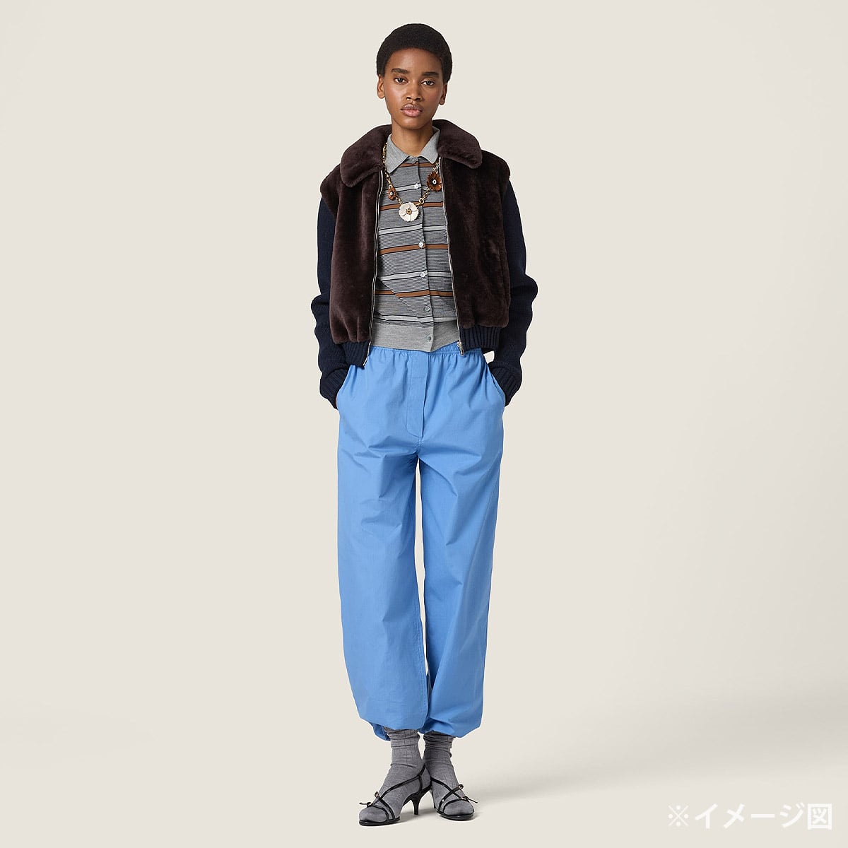 Miu Miu Blouson Shearling Knit JacketCoffee Wool/Cashmere/Polyester #38 Silver HW MPV963_177S_F0201_S_000[BRAND NEW][Authentic]
