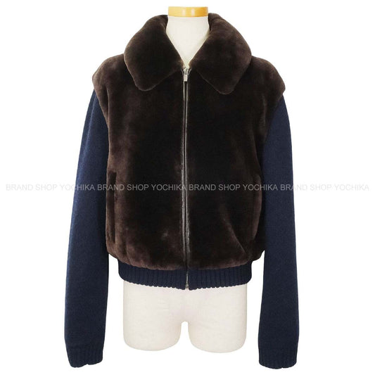 Miu Miu Blouson Shearling Knit JacketCoffee Wool/Cashmere/Polyester #38 Silver HW MPV963_177S_F0201_S_000[BRAND NEW][Authentic]