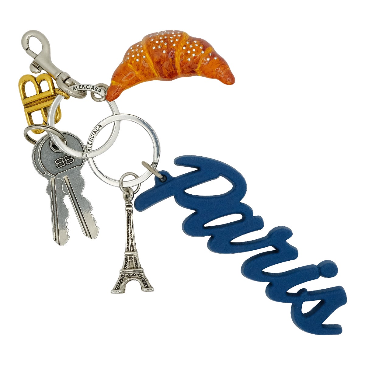 BALENCIAGA keyring(key holder) Tourist Paris Croissant Blue/Brown Brass/Silicone/Stainless Steel/Zamak Silver HW 8353852[BRAND NEW][Authentic]
