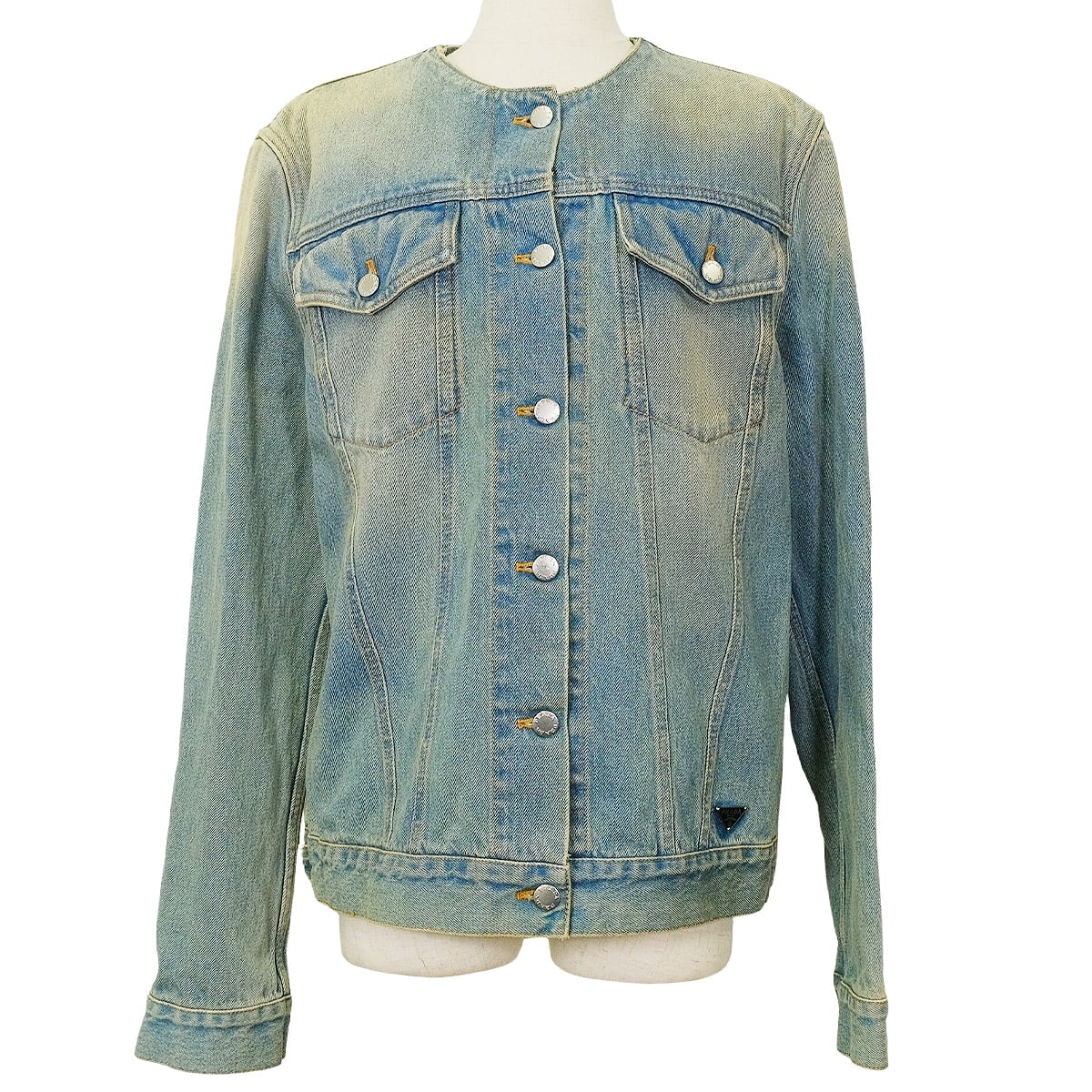 PRADA Denim jacket No collar Triangle logo Blue Cotton #L Silver HW GEB229[EXCELLENT][Authentic]