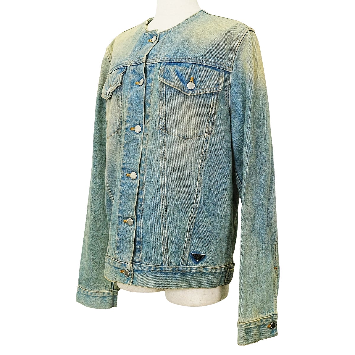 PRADA Denim jacket No collar Triangle logo Blue Cotton #L Silver HW GEB229[EXCELLENT][Authentic]