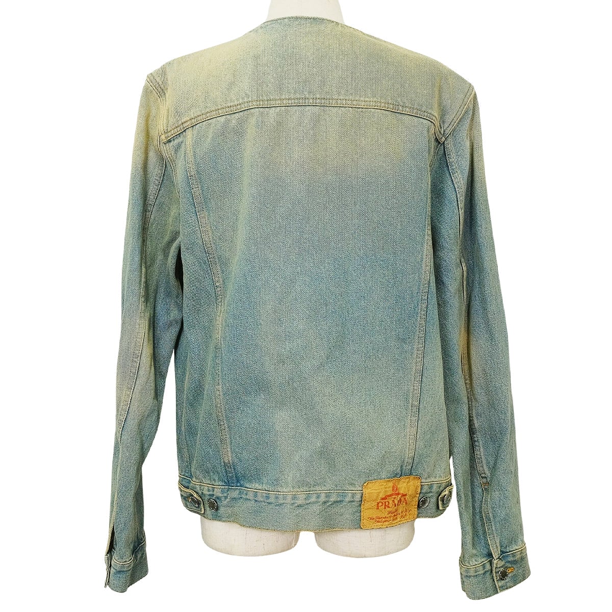 PRADA Denim jacket No collar Triangle logo Blue Cotton #L Silver HW GEB229[EXCELLENT][Authentic]