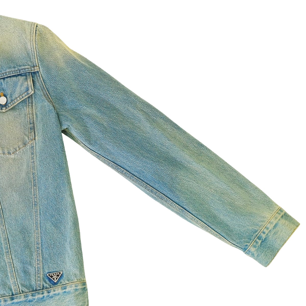 PRADA Denim jacket No collar Triangle logo Blue Cotton #L Silver HW GEB229[EXCELLENT][Authentic]