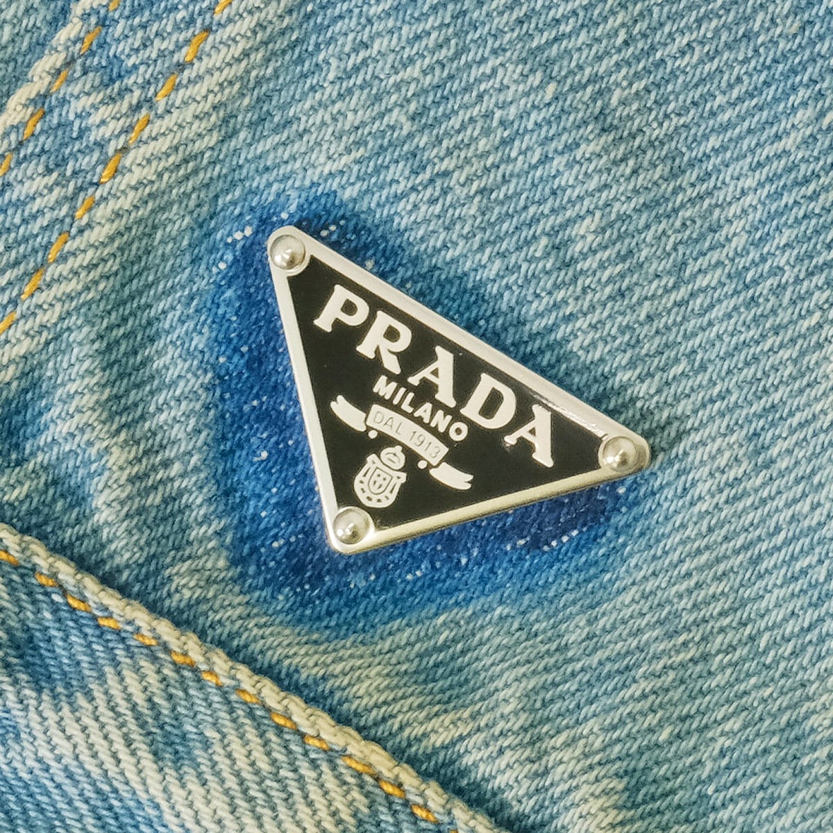 PRADA Denim jacket No collar Triangle logo Blue Cotton #L Silver HW GEB229[EXCELLENT][Authentic]